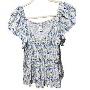 Japna Smocked Peplum Top Blue Floral  Stretch Short Sleeve Women L Cottagecore